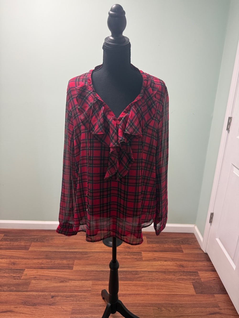 Tommy Hilfiger Red Plaid Ruffle V-Neck Blouse